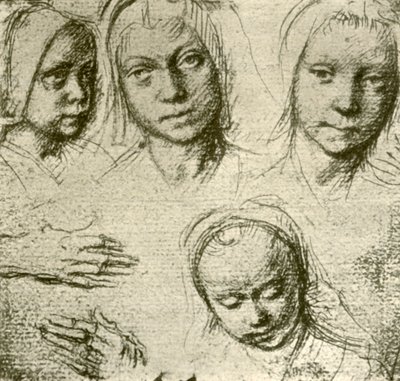 Fire hoveder af en ung pige og to hænder, c1500-1505, 1908. af Gerard David