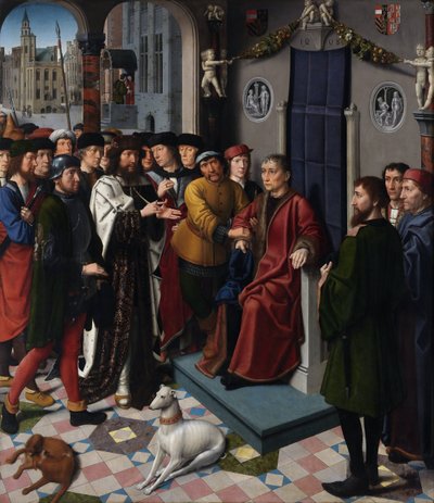 The Judgment of Cambyses (den persiske kong Cambyses II (død 522 f.Kr.) fordømmer dommer Sisamnes til at blive flået i live, for at have afsagt en dom i bytte for penge) - The Judgment of Cambyses (venstre panel) - Maleri af Gerard David (ca. 1460- 1523) - af Gerard David