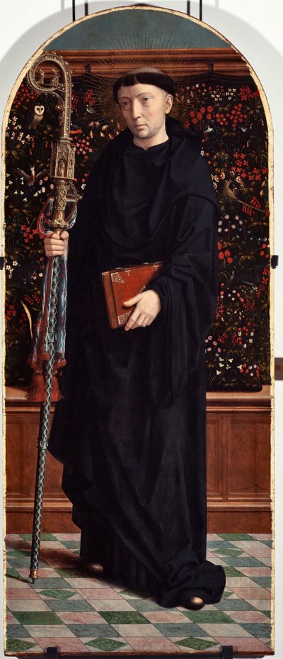 Saint Maur (eller Amaury, Amalric, Maura, Morane, Mauro) (St Maurus) Polyptykonpanel fra San Gerolamo della Cervara-kirken - Maleri af Gerard David (ca. 1460-1523) 1506 Dim 65x150 cm Genes Musei di Strada Nuova ( ex Palazzo Bianco) Italien af Gerard David