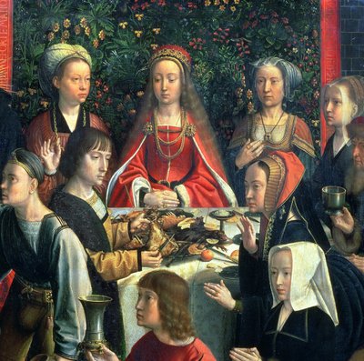 Ægteskabet i Cana, detalje af bruden og de omkringliggende gæster olie på paneldetalje af 94324 af Gerard David