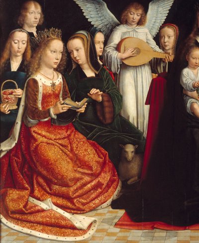 Jomfruen blandt de hellige. Detalje af Saintes: Saint Dorothee, Saint Catherine, Saint Agnes, Saint Fausta. Maleri af Gerard David (1460-1523) Ec. Flamme. af Gerard David