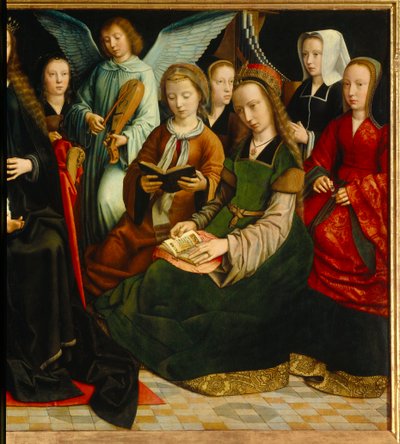 Jomfruen blandt de hellige. Detalje af Saintes: Saint Apolline (eller Apollonia), Saint Godeline, Saint Cecile, Saint Barbe, Saint Lucia. Maleri af Gerard David (1460-1523) af Gerard David