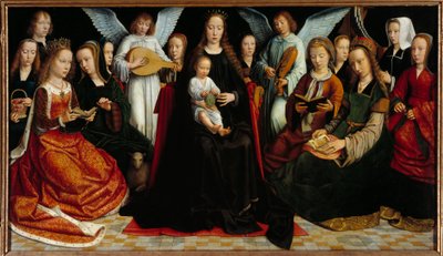 Jomfruen mellem de hellige Før: Saint Dorothee, Saint Catherine, Saint Agnes, Saint Fausta, Saint Apollo (eller Apollonia), Saint Godeline, Saint Cecile, Saint Barbe, Saint Lucia, bagerst: Gerard David og hans kone Cornelie og to musikere engle. af Gerard David