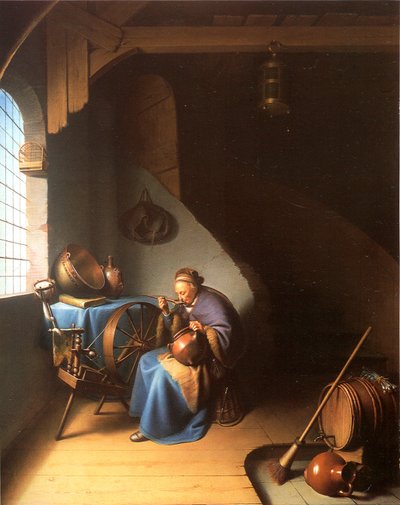 Interiør med en kvinde, der spiser grød af Gerrit Dou