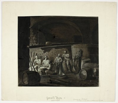 Vinkælder med mænd, der spiller kort af Gerrit Dou