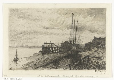 udsigt over floden Det flamske hoved nær Antwerpen (titel på objekt) af Gerard Jan Bos (signed by artist)
