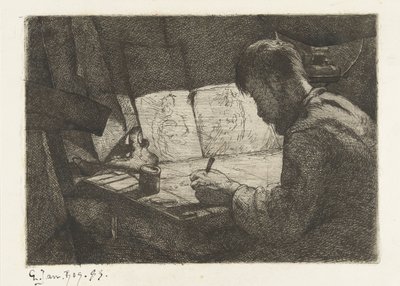 Selvportræt bag tegnebrættet af Gerard Jan Bos (signed by artist)