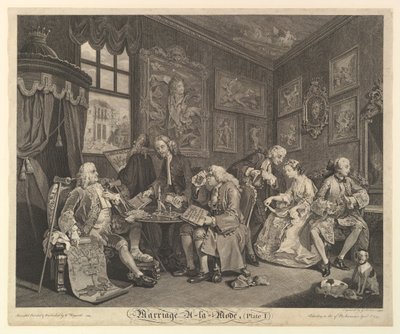 Ægteskab A-la-Mode, Tavle I, 1. april 1745. af Gerard Jean Baptiste Scotin