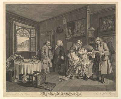 Ægteskab A-la-Mode, Tavle VI, 1. april 1745. af Gerard Jean Baptiste Scotin
