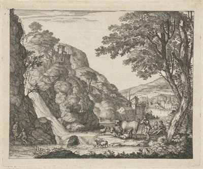 Hyrde med dyr ved et vandfald af Gerard Melder