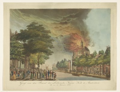 Brand i den nye lutherske kirke på Singel i Amsterdam, 18. september 1822 Udsigt over mærket af den lutherske nye kirke i Amsterdam (titel på objekt) af Gerard Overman