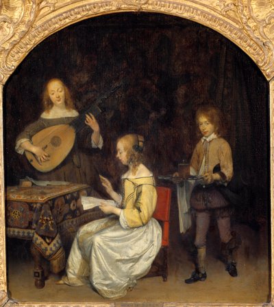 Koncerten: sanger og spiller af Luth Theorbe. Maleri af Gerard Ter Borch (1617-1681), hollandsk skole af Gerard ter Borch
