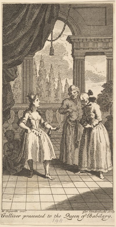 Gulliver præsenteret for dronningen af Babilary, frontispice til The Travels of Mr. ..., februar 1730. af Gerard Vandergucht