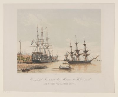 Corvette Z.M. Urania og linjeskib Z.M. Kortenaert Royal Institute of the Navy i Willemsoord og H.M. Instruktionsfartøj Urania (titel på objekt) af Gerard Voorduin