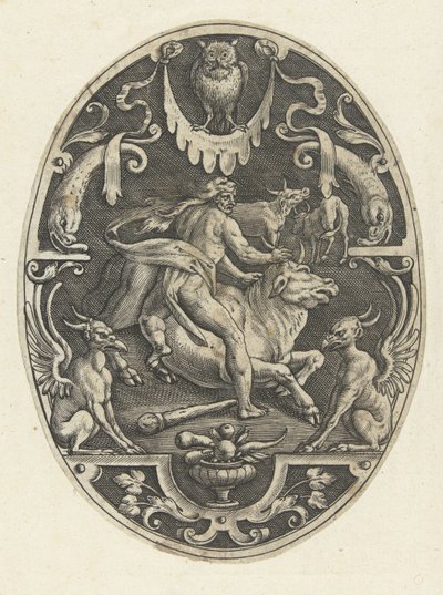 Hercules fanger den kretensiske tyr Ovale overfladedekorationer med Herkules gerninger i grotesker (serietitel) af Gerard de Jode