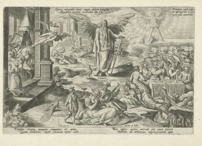 Fader Tid midt i afslappede mennesker Sperne voluptates nocet empta dolore uoluptas (...) (titel på objekt) Moralizing Allegories of Time (serietitel) af Gerard de Jode