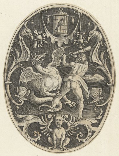 Overfladedekoration: Hercules dræber dragen Ladon Ovale overfladedekorationer med Herkules gerninger i grotesker (serietitel) af Gerard de Jode