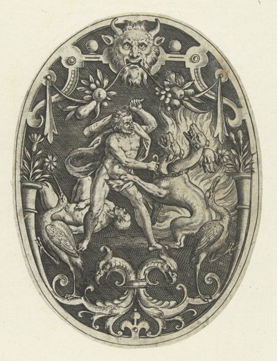 Overfladedekoration: Hercules dræber monsteret Geryon Ovale overfladedekorationer med Herkules gerninger i grotesker (serietitel) af Gerard de Jode