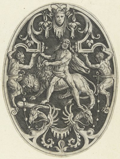 Overfladedekoration: Hercules og Nemean-løven Ovale overfladedekorationer med Herkules gerninger i grotesker (serietitel) af Gerard de Jode