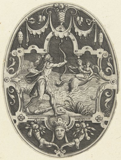 Overfladedekoration: Hercules skyder kentauren Nessus, der forsøger at flygte fra Deianira Ovale overfladedekorationer med Herkules gerninger i grotesker (serietitel) af Gerard de Jode