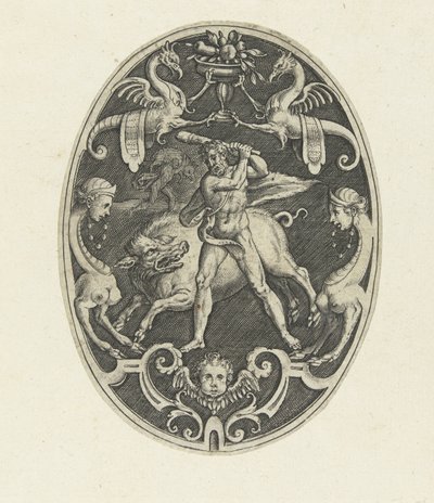 Overfladedekoration: Hercules fanger den erymantiske orne Ovale overfladedekorationer med Herkules gerninger i grotesker (serietitel) af Gerard de Jode