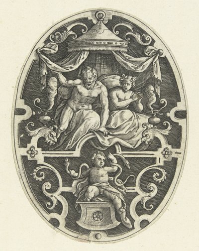 Overfladedekoration: Hercules kvæler de to slanger i sin vugge Ovale overfladedekorationer med Herkules gerninger i grotesker (serietitel) af Gerard de Jode
