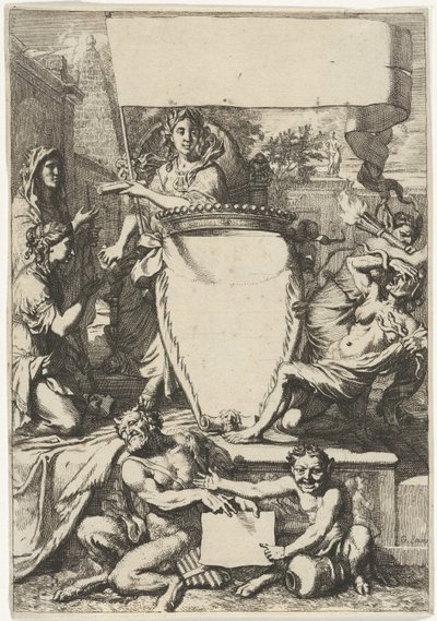 Cartouche omgivet af allegoriske figurer af Gerard de Lairesse