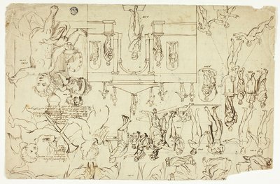 Kopier efter illustrationer af statuer og malerier (recto); mål til en mands skelet (verso) af Gerard de Lairesse
