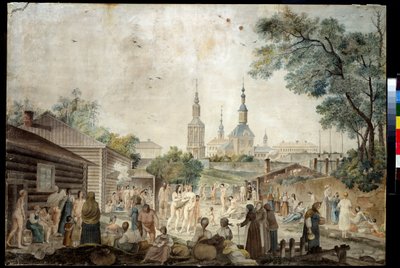 En termisk kur (Sauna) i Moskva (Et kurbad i Moskva). Maleri af Gerard de la Barthe (aktivt mellem 1787 og 1810). Akvarel på papir, 45,7 x 66,7 cm, ca. 1790. Fransk kunst fra 1700-tallet. Museum for private samlinger i A. Pushkin Museum of Fine A af Gerard de la Barthe