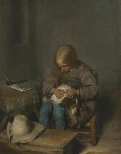 En dreng, der plukker lopper af en hund af Gerard ter Borch