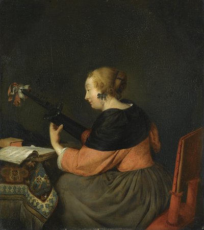 En dame sidder og spiller på lut af Gerard ter Borch