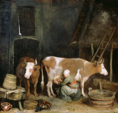 En stuepige, der malker en ko i en stald af Gerard ter Borch