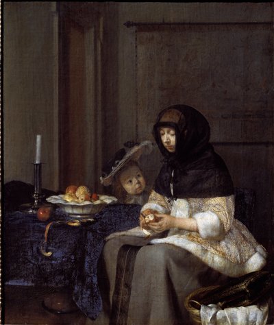 En mor, der skræller et æble (olie på lærred af Gerard ter Borch