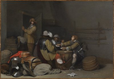 Vagtstueinteriør med soldater, der ryger og spiller kort af Gerard ter Borch