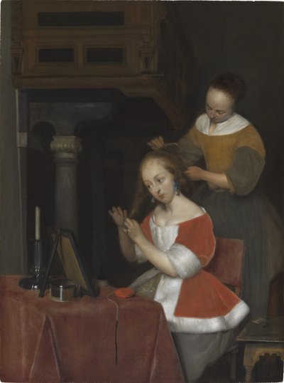 Kvinde sidder ved sit toilet af Gerard ter Borch