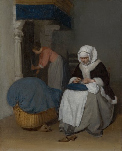 Kvinde, der syr ved siden af en vugge af Gerard ter Borch
