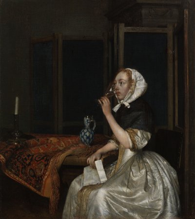 Ung kvinde med et glas vin, der holder et brev i hånden af Gerard ter Borch