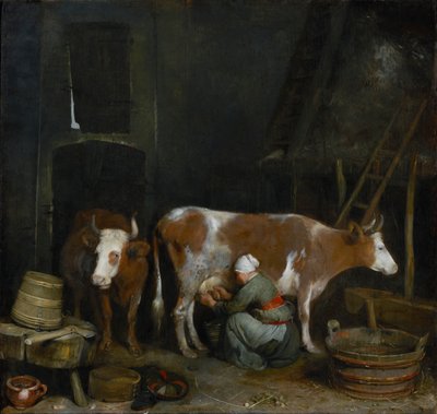 En stuepige, der malker en ko i en lade, ca. 1652-54 (olie på panel) af Gerard ter Borch