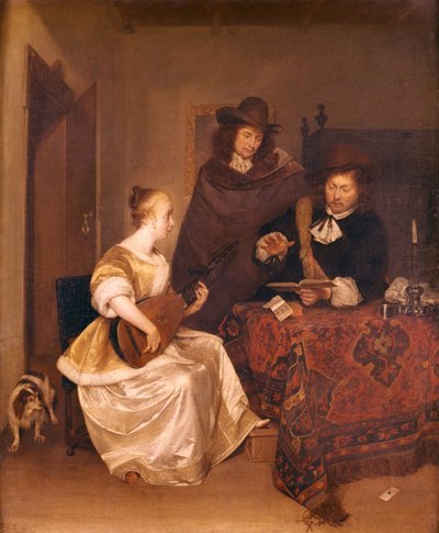 En ung kvinde spiller en teorbo for to mænd, 1667-68 af Gerard ter Borch