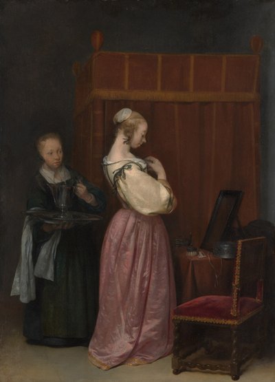 En ung kvinde ved sit toilet med en tjenestepige, ca. 1650-51 af Gerard ter Borch