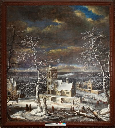 En landsby om vinteren med figurer på isen (olie på lærred) af Gerard van Edema