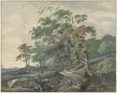 Landskab med en vej gennem en skov og en falkejæger af Gerard van Nijmegen