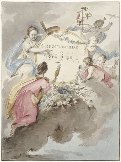 Titelside til kunstbog med farvede tegninger (titel på objekt) af Gerard van Nijmegen