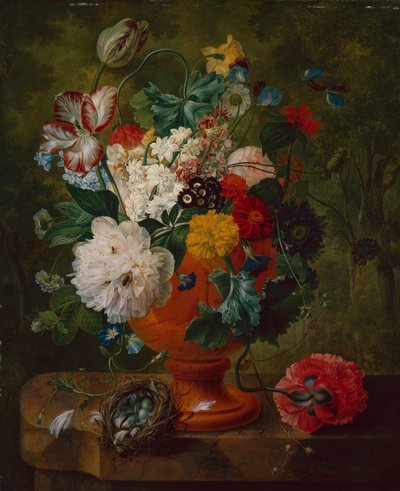 Sommerblomster i en urne med en fuglerede på en marmorafsats (olie på lærred) af Gerard van Spaendonck