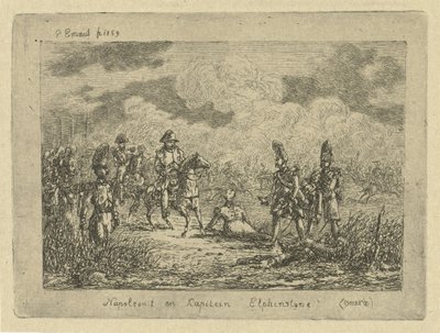 Napoleon med faldne soldater Napoleon I og kaptajn Elphinstone (Omera) (titel på objektet) af Gerardus Emaus de Micault