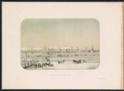 Isunderholdning på Maas i Rotterdam, set fra Katendrecht, 1855 Byen Katendrecht set (titel på objekt) Isunderholdningen på Maas i Rotterdam i februar 1855, med billedtekster (serietitel på objekt) af Gerardus Johannes Bos