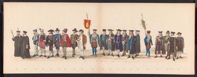 Masquerade of the Leiden Students, 1875 (plade 8) Maskerade afholdt af medlemmerne af Leidens studentkorps den 15. juni 1875 til fejring af 300-året for Leidsche Hoogeschool, forestillende Leidsche Hoogeschool, afbildet i af Gerardus Johannes Bos
