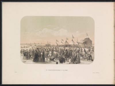 Skøjteløb på Maas i Rotterdam, 1855 Skøjtebanen på Maas (titel på objekt) Isunderholdningen på Maas i Rotterdam i februar 1855, med billedtekster (serietitel på objekt) af Gerardus Johannes Bos