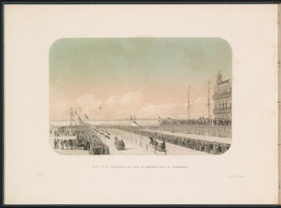 Race for hestevogne på Maas i Rotterdam, 1855 Udsigt over selevæddeløbet med heste- og gøglerslæde langs Willemskade (titel på objektet) Isunderholdningen på Maas i Rotterdam i februar 1855, med billedtekster (serietitel på objekt) af Gerardus Johannes Bos