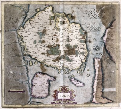 Danmark (Øen Langeland med Odense) (stik af Gerardus Mercator